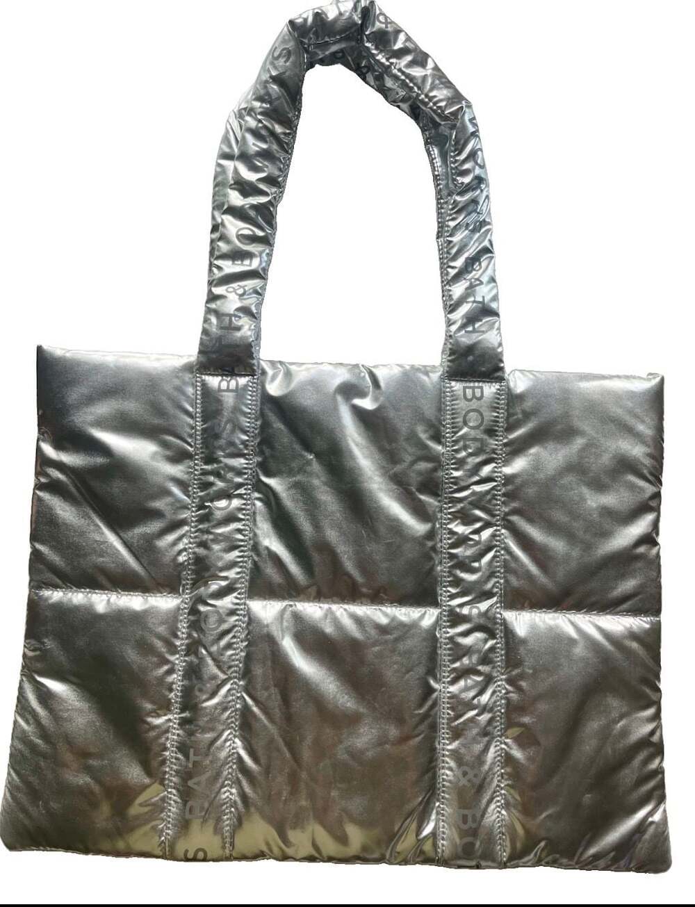 Bath & Body Works Metallic Silver Puffer Logo Tote Bag